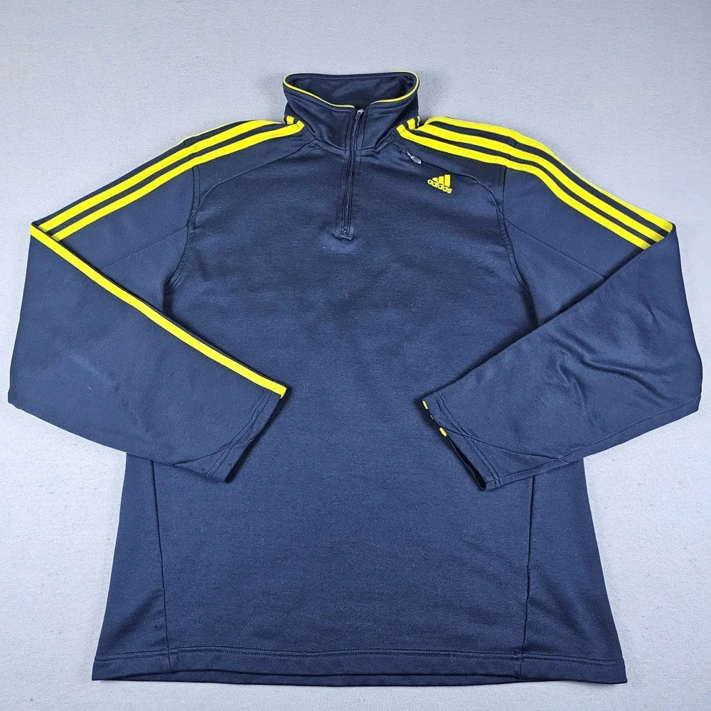 Adidas 1/4 Zip Sweatshirt Mens Large Navy Blue Yellow Pullover Mock Neck Fleece
